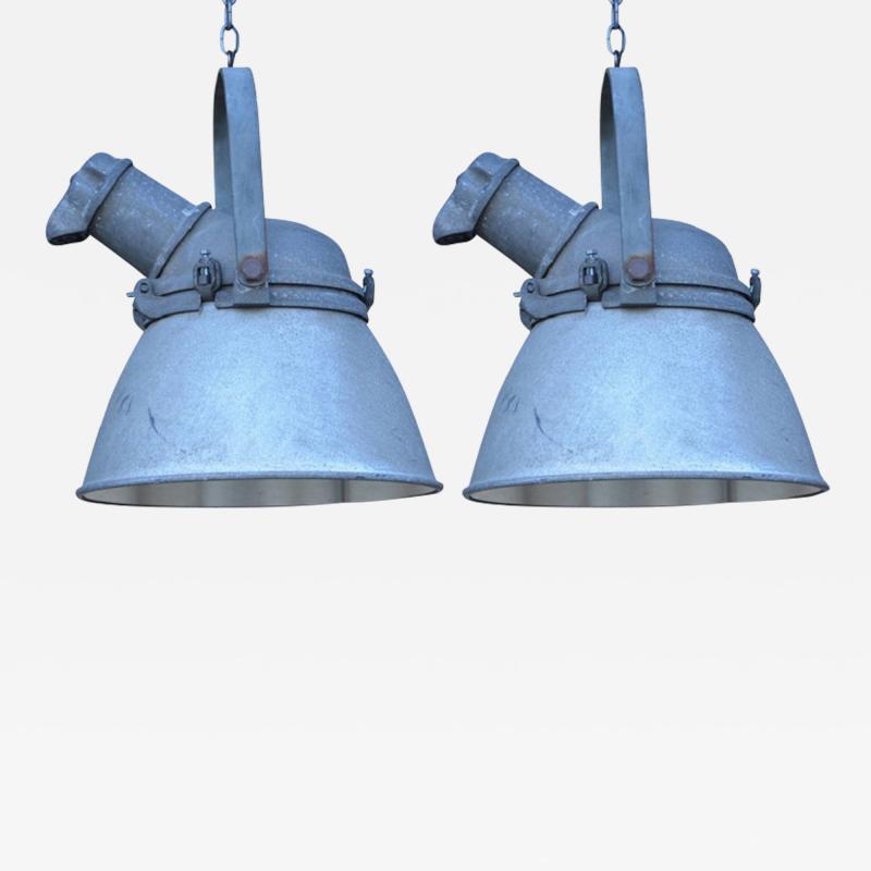 Pair of Large Cast Iron Aluminum and Glass Industrial Hanging Lights