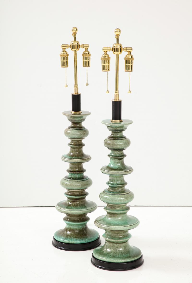 Pair of Large Ceramic Lamps with a Jade Green Crackle Glaze