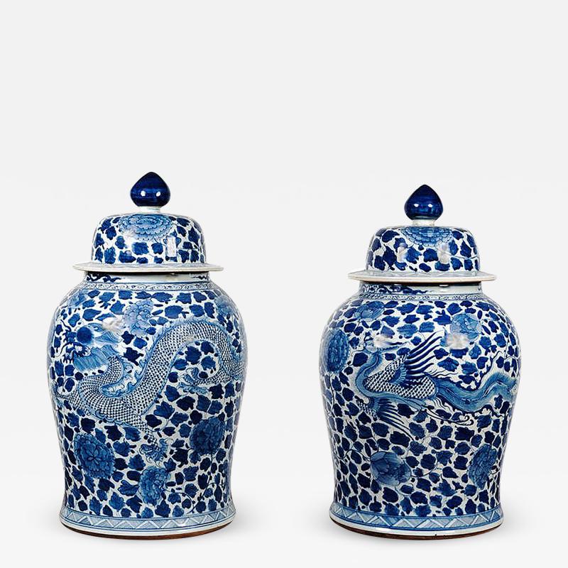 Pair of Large Chinese Blue and White Porcelain Temple Jars