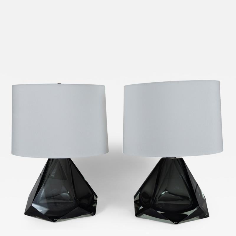 Pair of Large Diamond Faceted Grey Lamps Contemporary