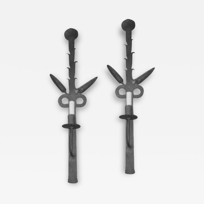 Pair of Large French Art Deco Sconces in Wrought Iron 1930