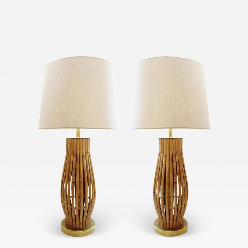 Pair of Large Italian Brass Bamboo Table Lamps