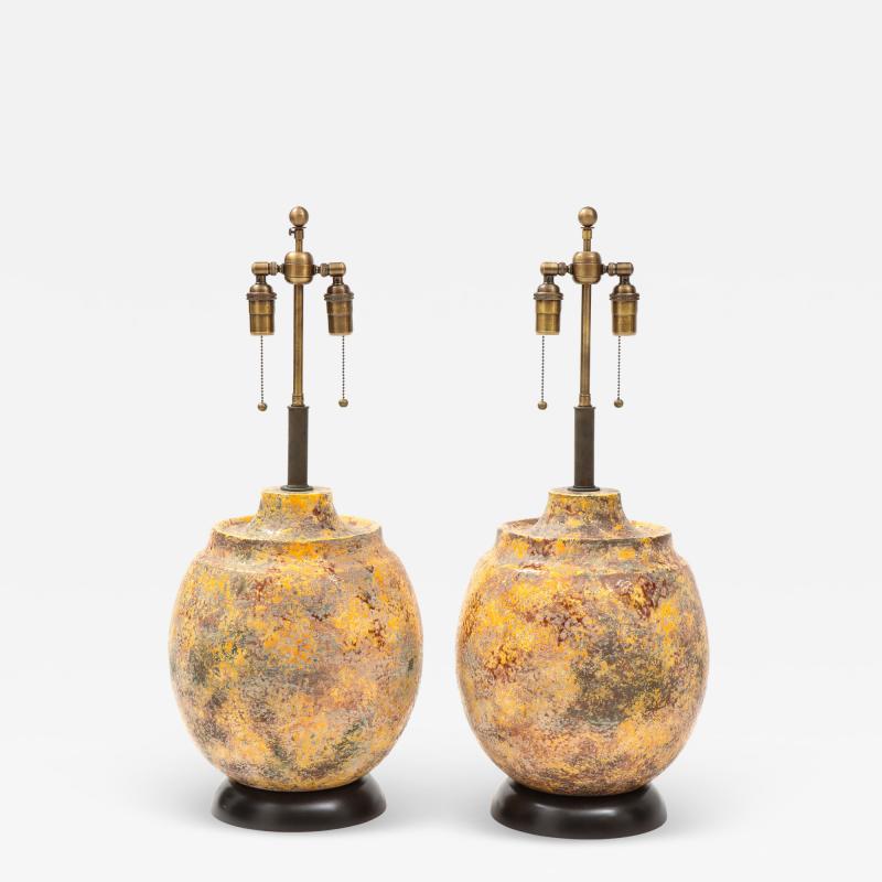 Pair of Large Italian Ceramic Lamps with a Scavo Glazed Finish 