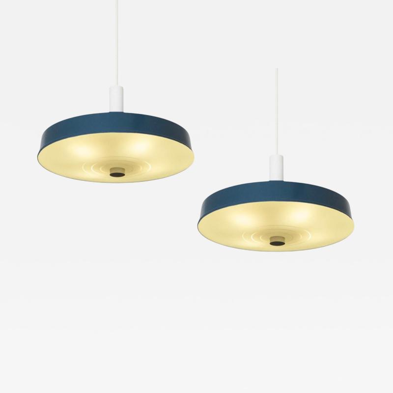 Pair of Large Mid Century Pendant Lamps in Painted Metal and Opaline Glass 1960