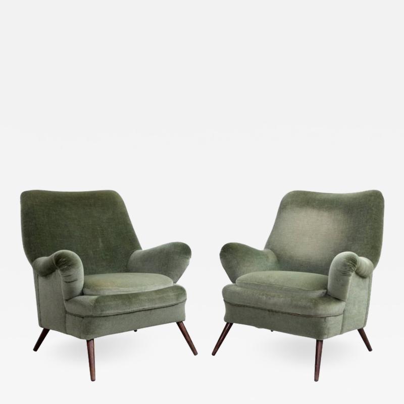 Pair of Large Sculptural 1950s Lounge Chair in Green Mohair Fabric