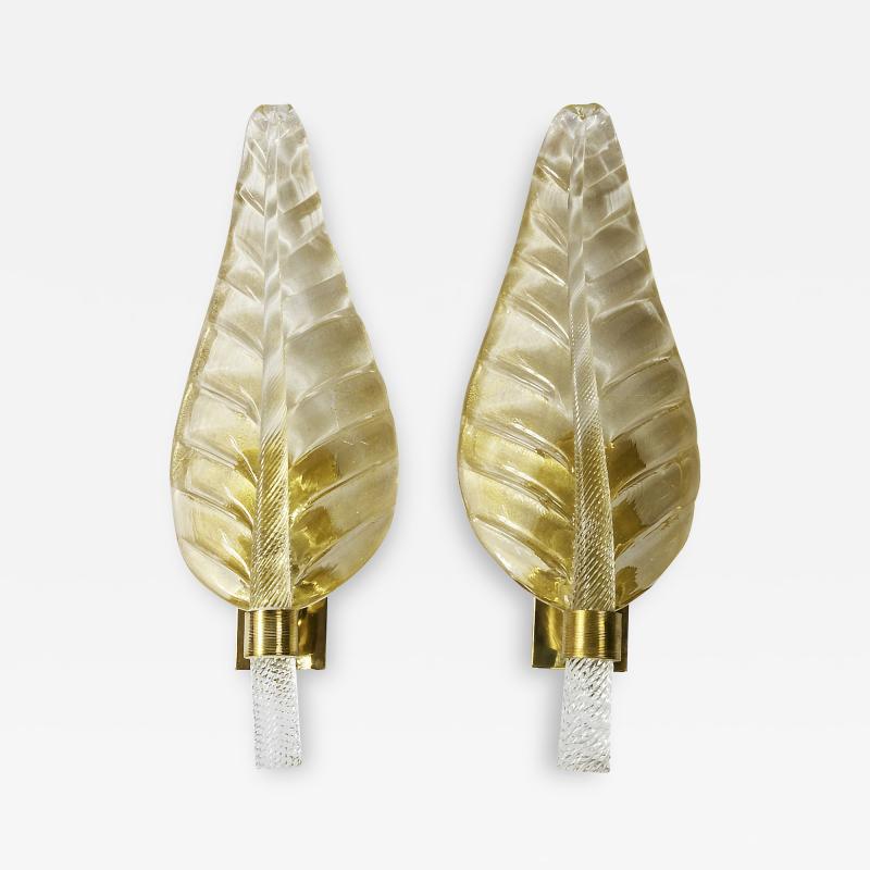 Pair of Large Vintage Italian Leaf Form Murano Glass Brass Wall Light Sconces