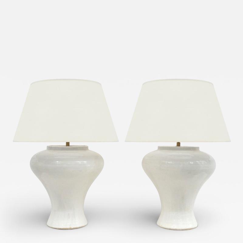 Pair of Large White Stoneware Table Lamps
