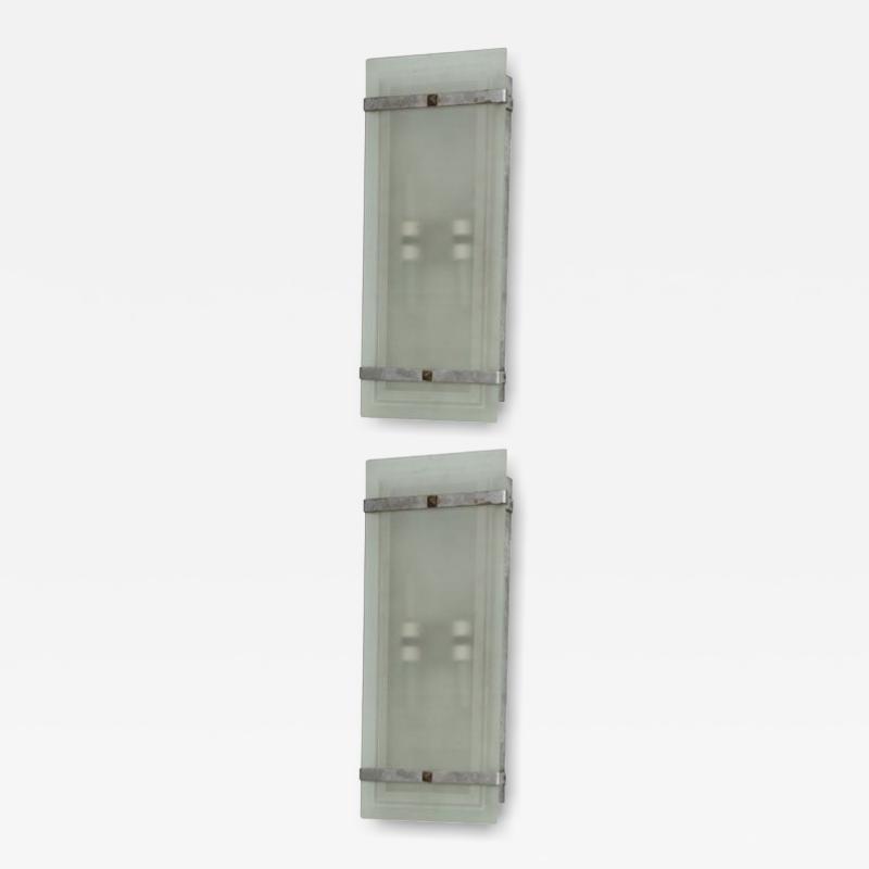 Pair of Late Art Deco Glass and Nickel Wall Lights France