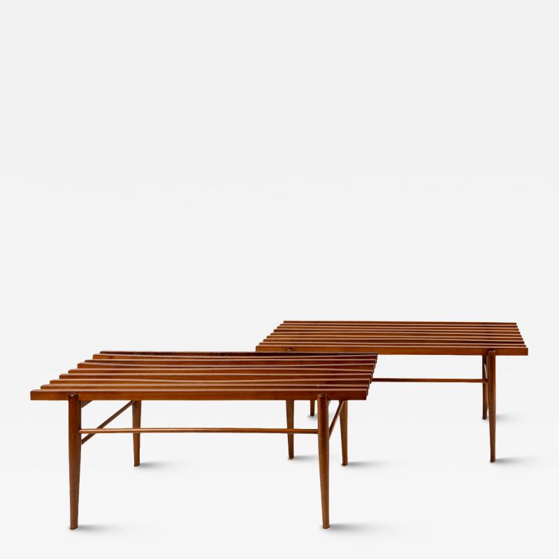 Pair of Long Italian XXth Century Slatted Walnut Benches