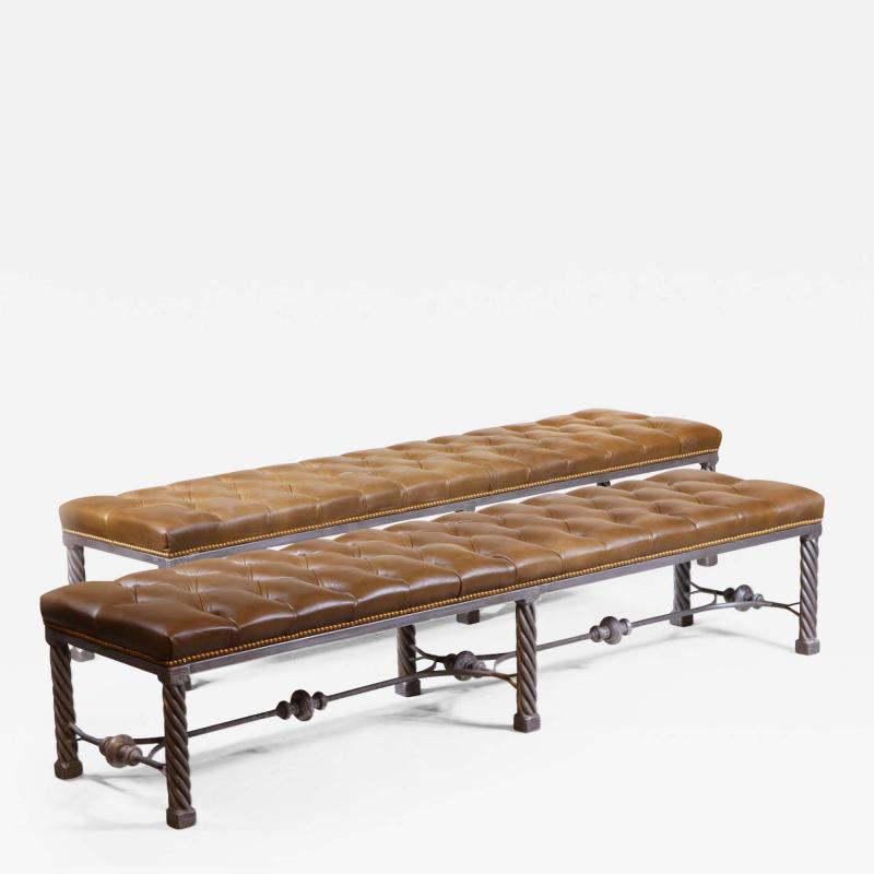 Pair of Long Modern Tufted Leather Benches