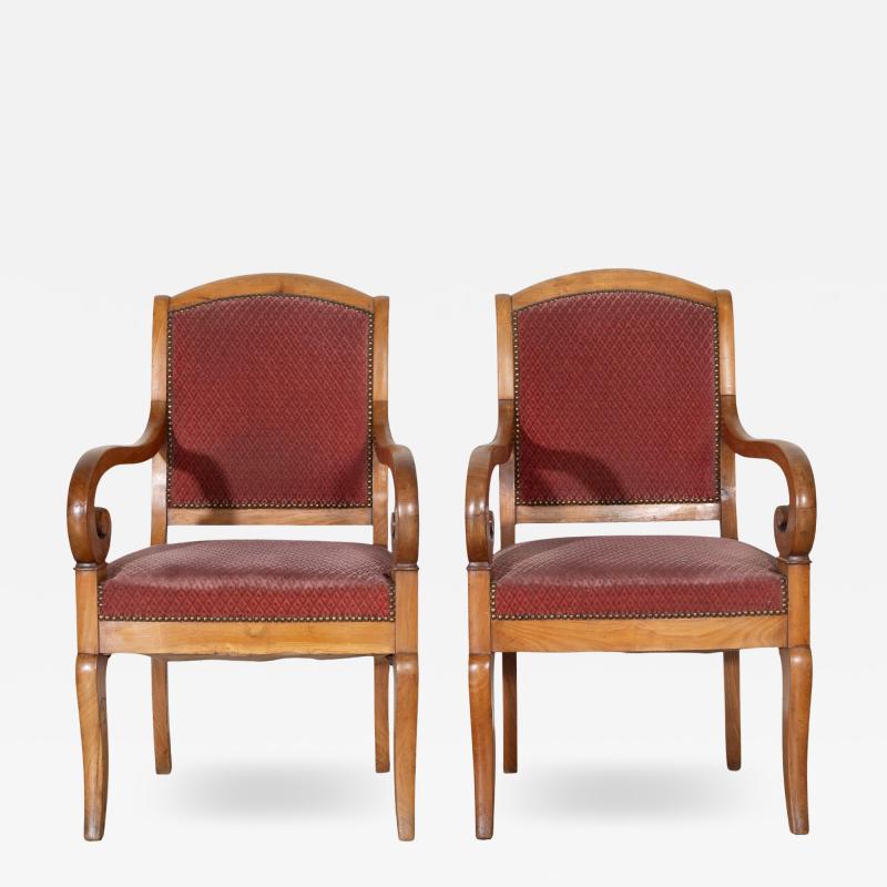Pair of Louis Philippe Cherry Wood Armchairs with Upholstered Seats
