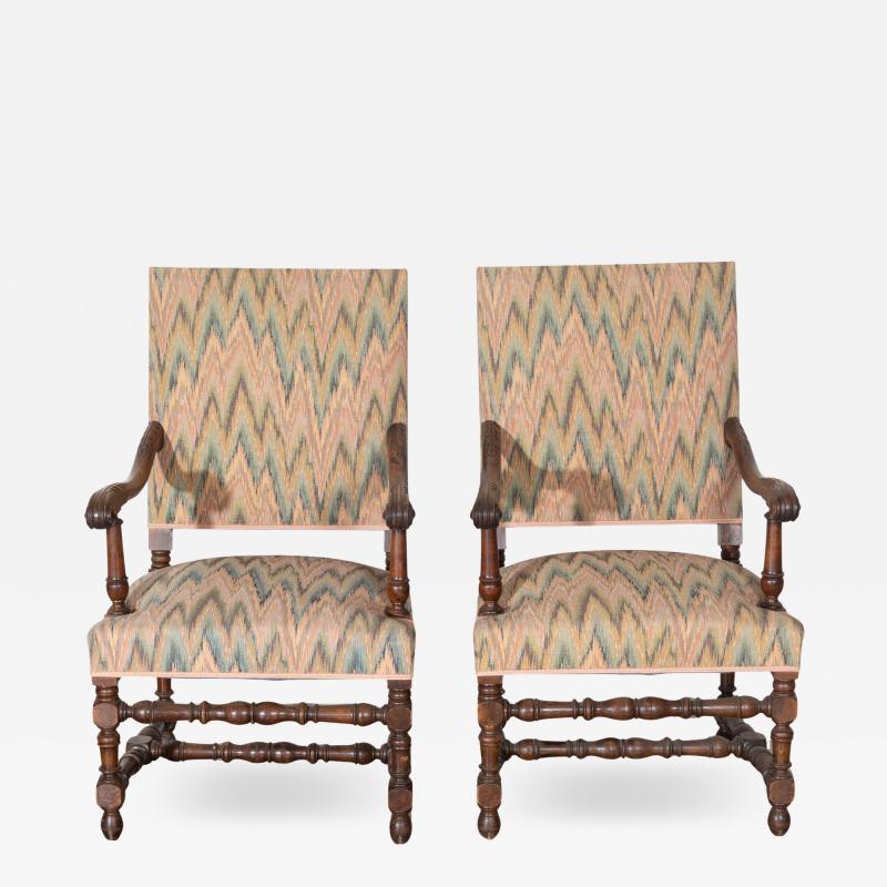 Pair of Louis XIII Style Oak Armchairs with Upholstered Backs and Seats