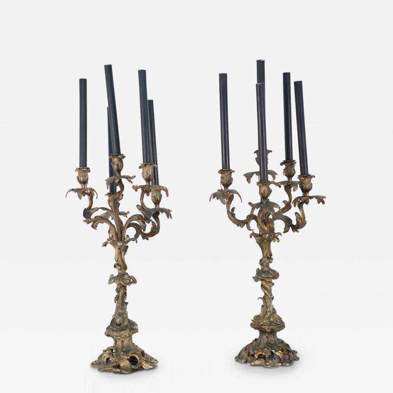 Pair of Louis XV Style Bronze 5 Arm Electrified Black Candle Candelabras