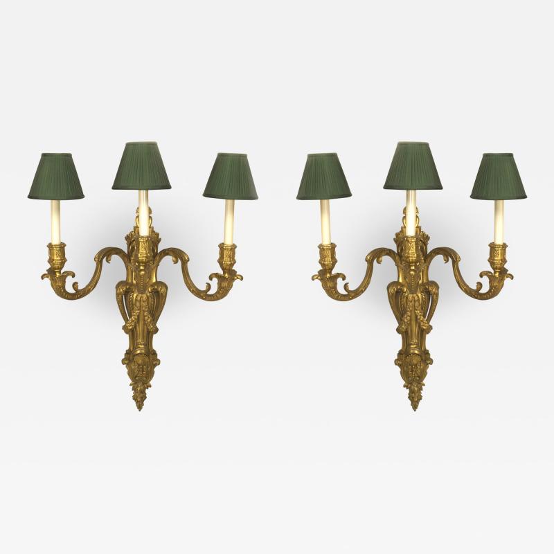 Pair of Louis XV Style Bronze Wall Sconces with Green Shades