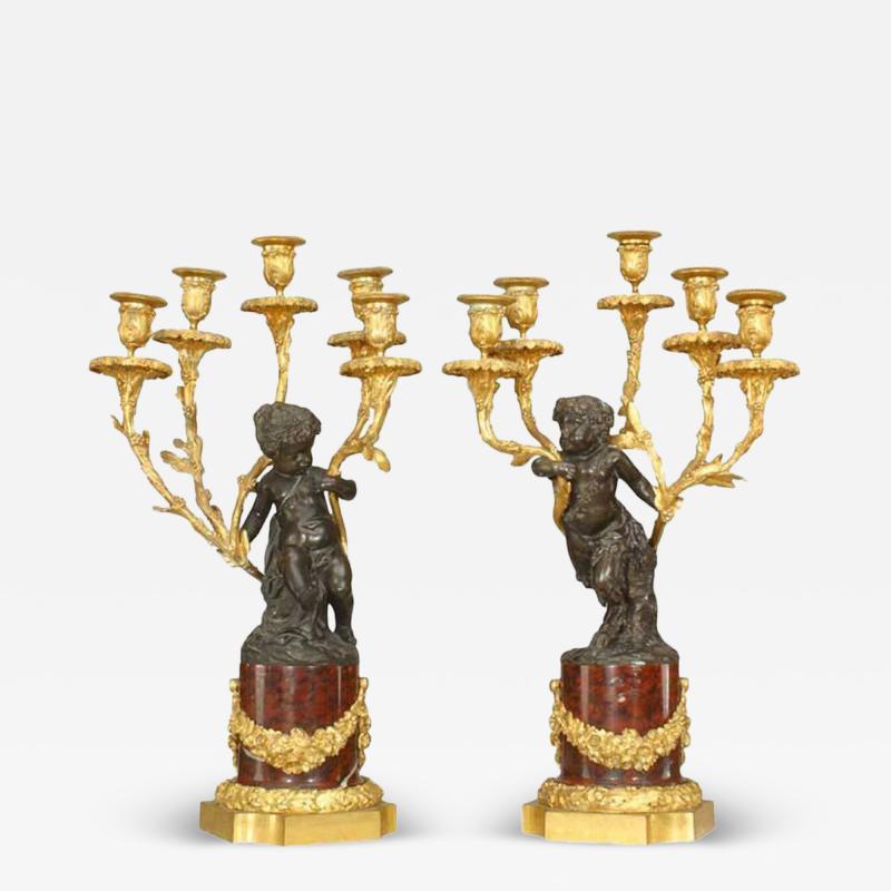 Pair of Louis XV Style Bronze with Cupid 5 Arm Candelabras on Marble Bases