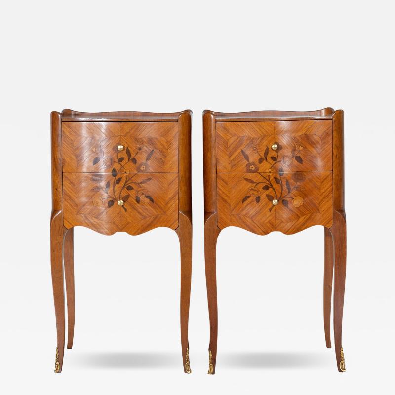 Pair of Louis XV Style Marquetry Bedside Tables with Floral Inlay