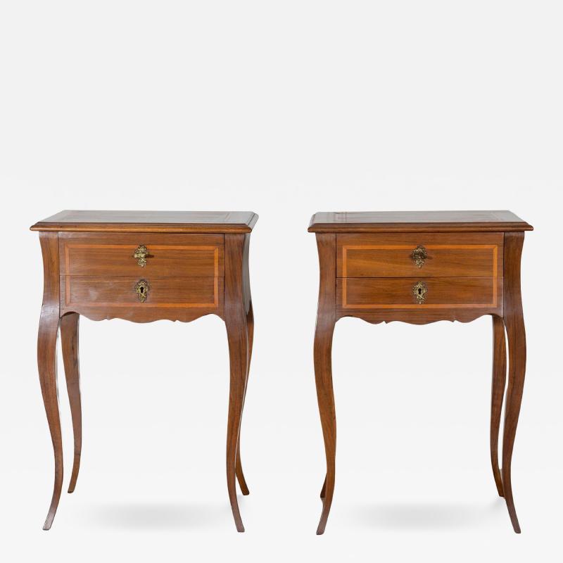 Pair of Louis XV Style Walnut Bedside Tables with Inlaid Details
