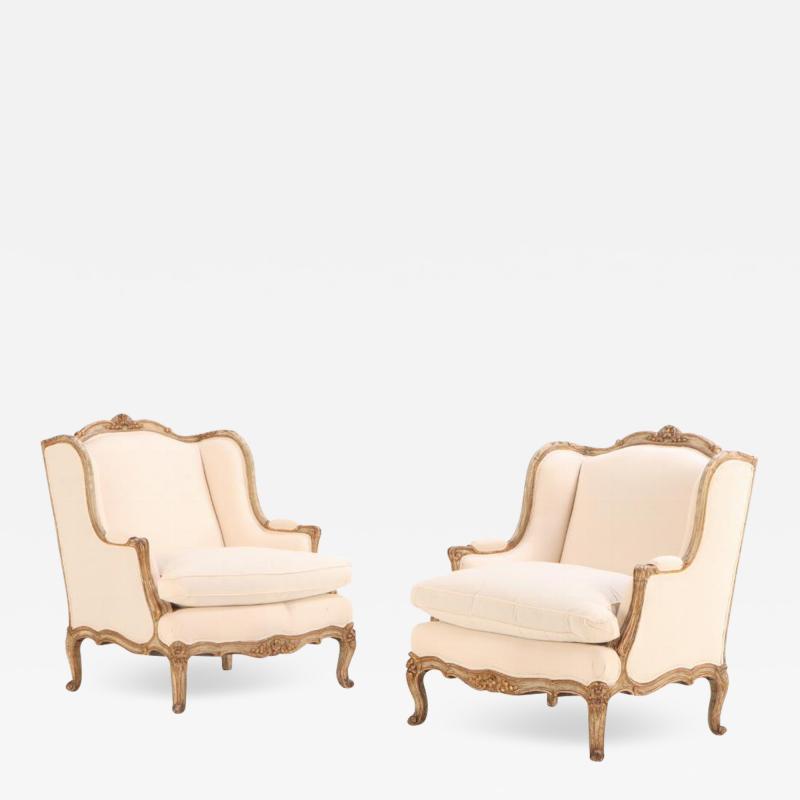 Pair of Louis XV style oversized Bergere chairs C 1920 