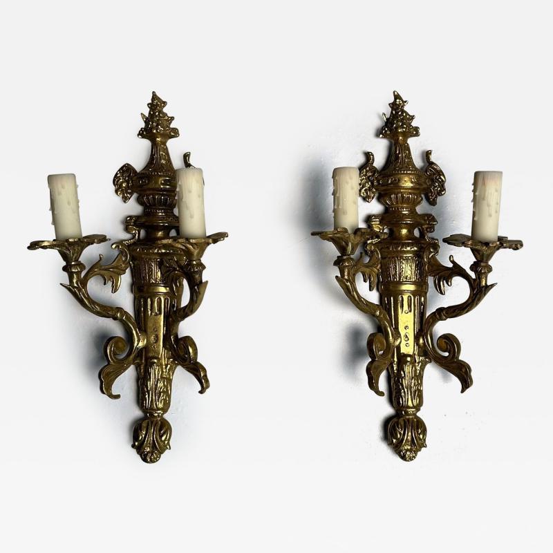 Pair of Louis XVI Adams Style Bronze Ornate Sconces Two Light France 1940s