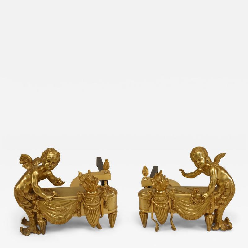 Pair of Louis XVI Bronze Cupid Andirons