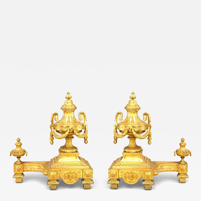 Pair of Louis XVI Bronze Dore Urn Andirons