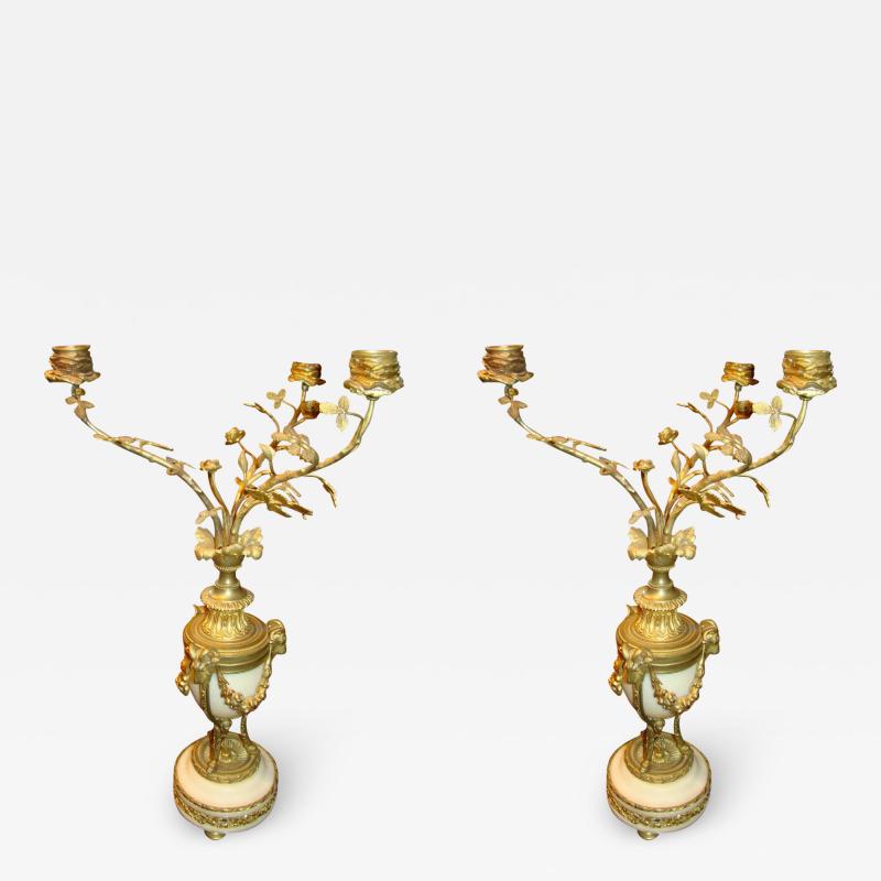 Pair of Louis XVI Bronze and Marble Candleabra
