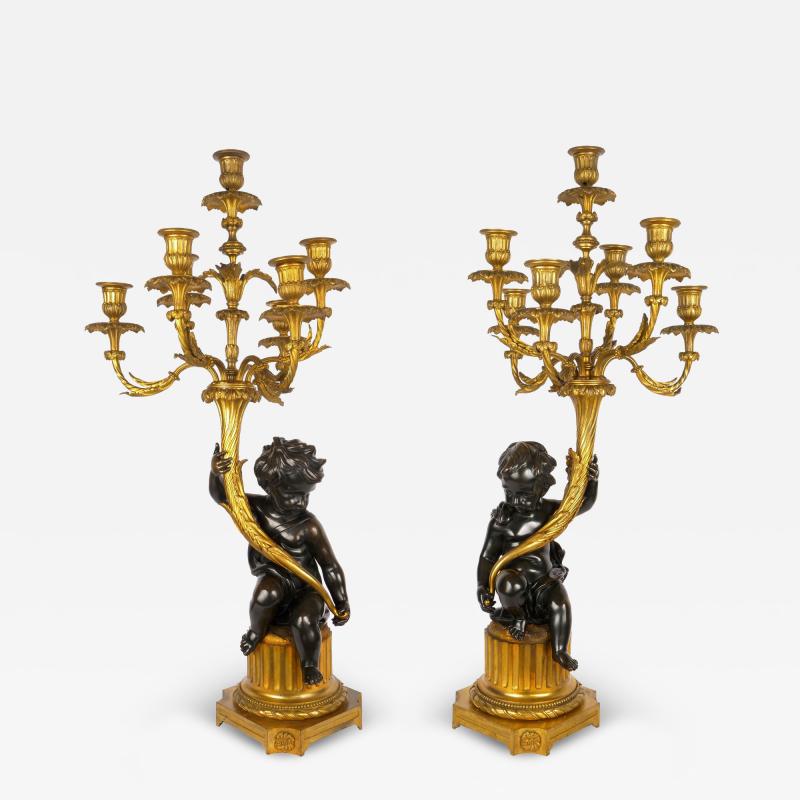 Pair of Louis XVI Seven Light Candelabra with Putto Figurals 19th Century