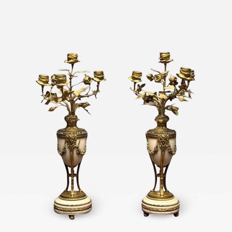 Pair of Louis XVI Style Bronze and Marble Four Light Candelabra Jeweled