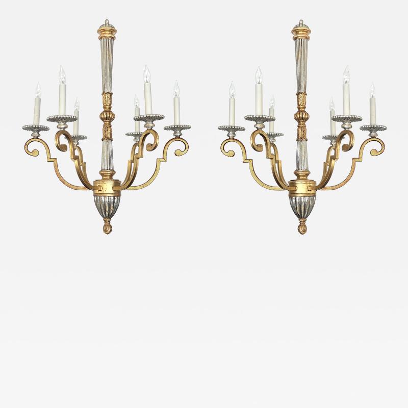 Pair of Louis XVI Style Giltwood and Wrought Iron 6 Light Chandeliers