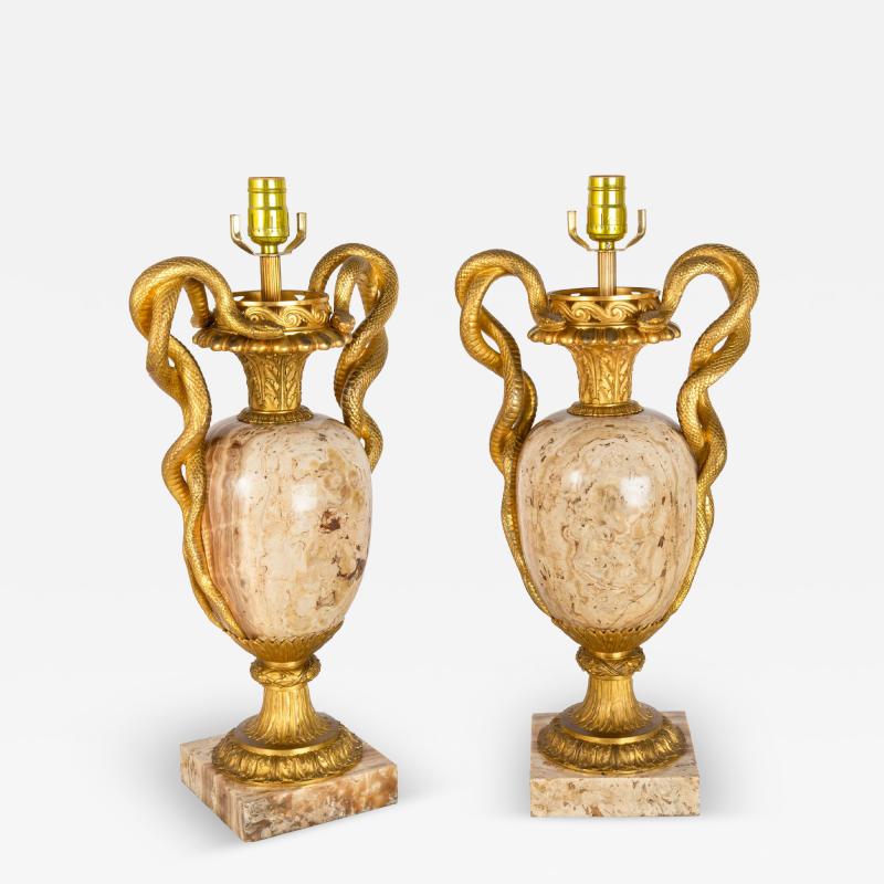 Pair of Louis XVI Style Lamps Entwined Snake Handles