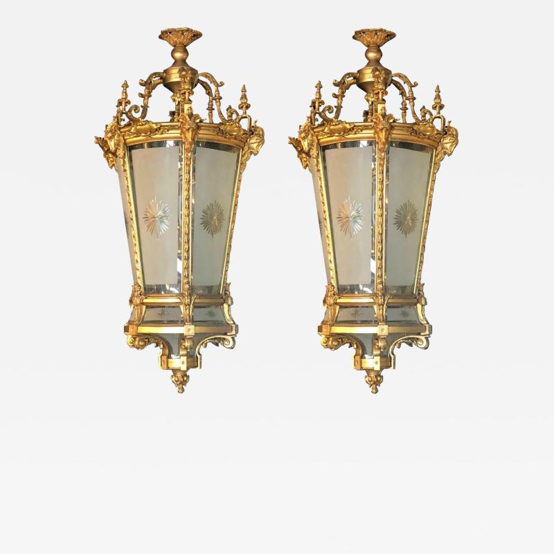 Pair of Louis XVI Style Monumental Dore Bronze Rams Head Etched Glass Lanterns