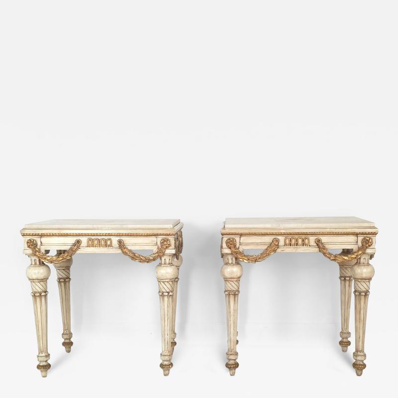 Pair of Louis XVI Style Painted and Gilt Stone Top Consoles Sweden circa 1900