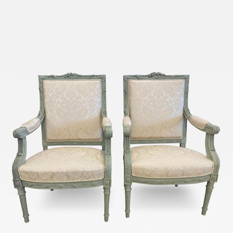 Pair of Louis XVI Style Throne or Arm Chairs Paint Decorated Frames
