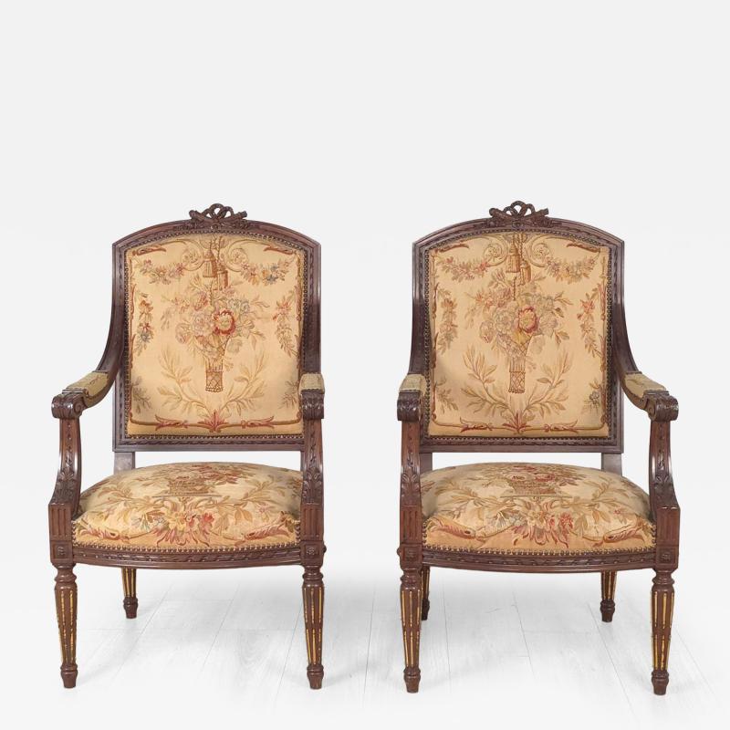 Pair of Louis XVI Style Walnut Armchairs with Aubusson Tapestry France 