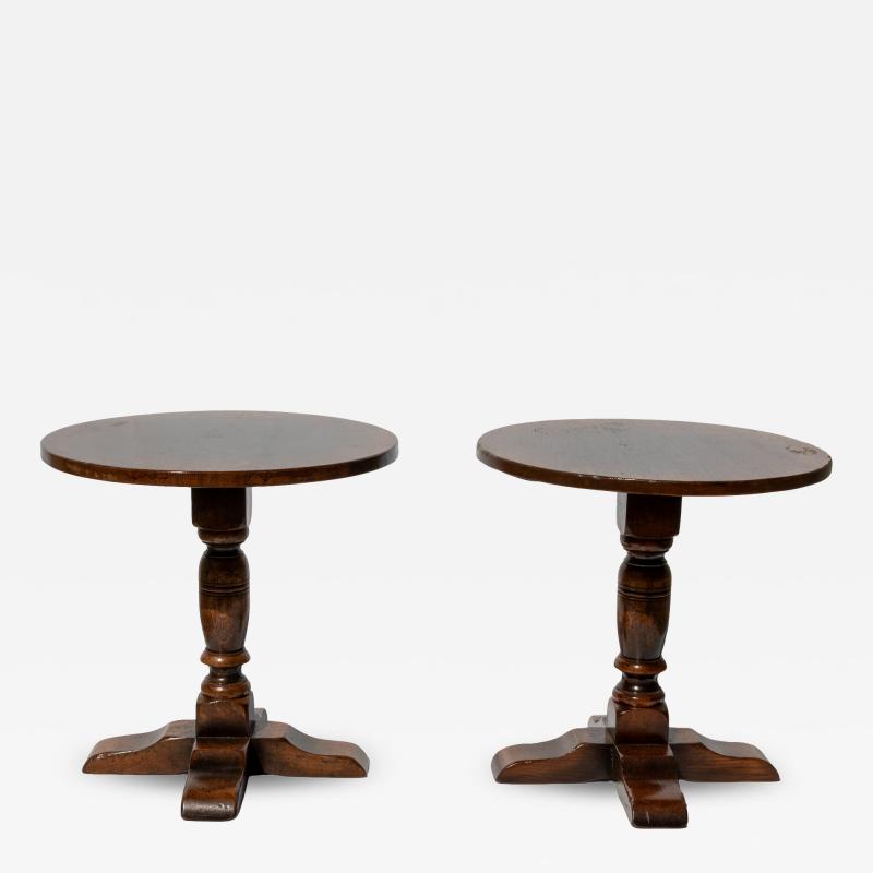 Pair of Low Round Oak Cocktail Tables with Turned Column Supports