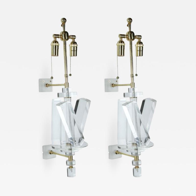 Pair of Lucite and Brass Sconces