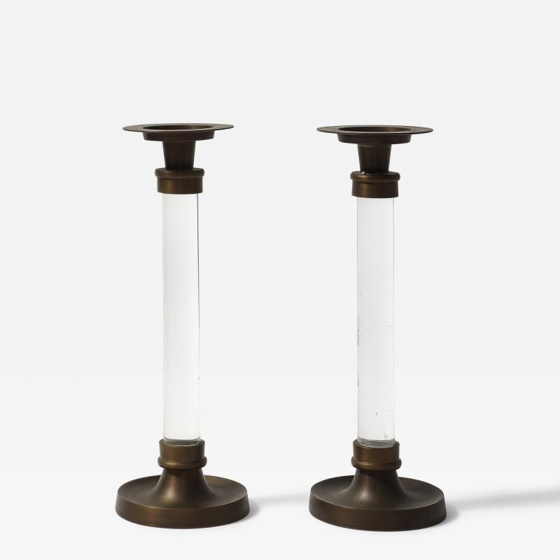 Pair of Lucite and Bronze Candlesticks 20th C