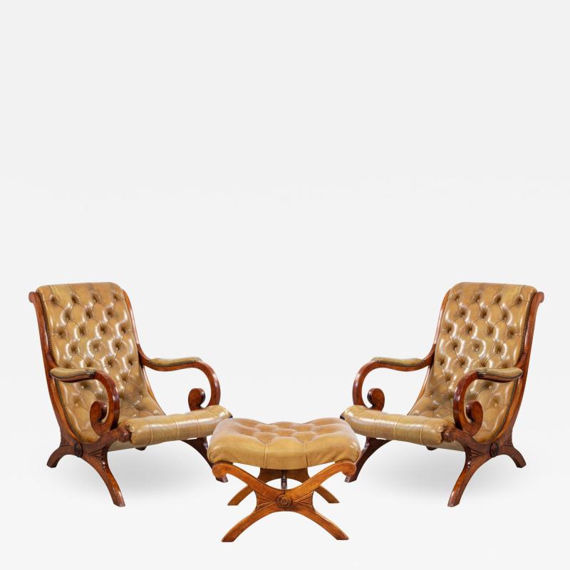 Pair of Mahogany Campaign Style Lounge Chairs Ottoman