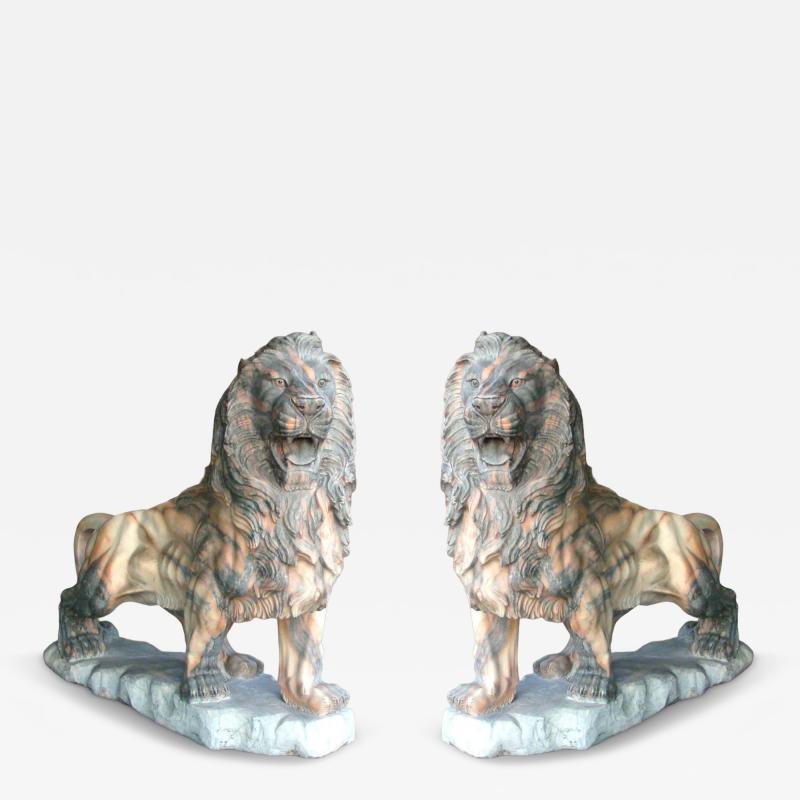Pair of Marble Hand Carved Lion Statues Genuine Chinese Pink and Grey Marble