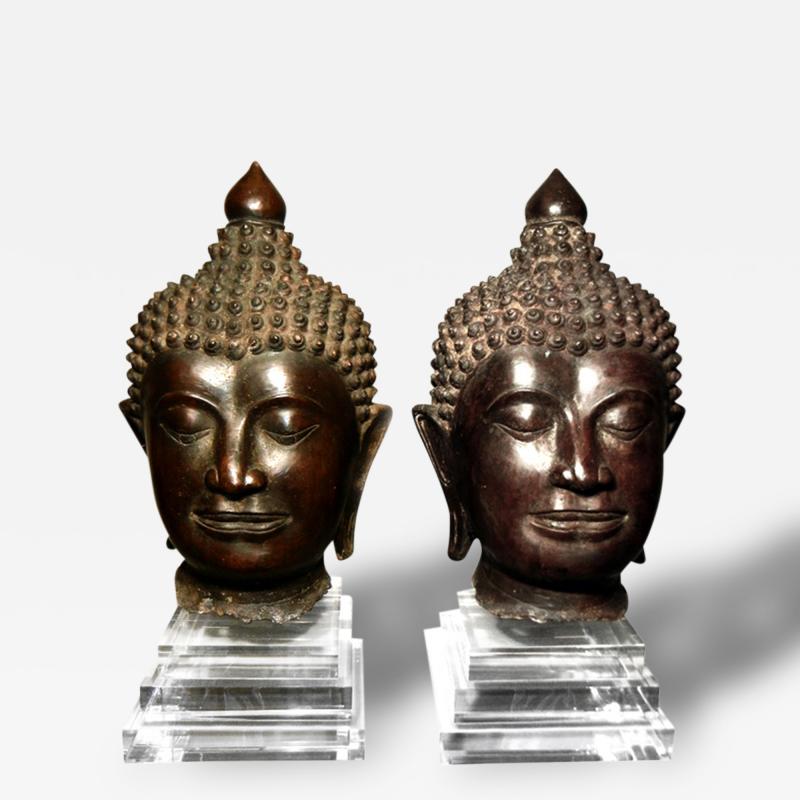 Pair of Massive Antique Bronze Buddha Head Thai Lana Kingdom