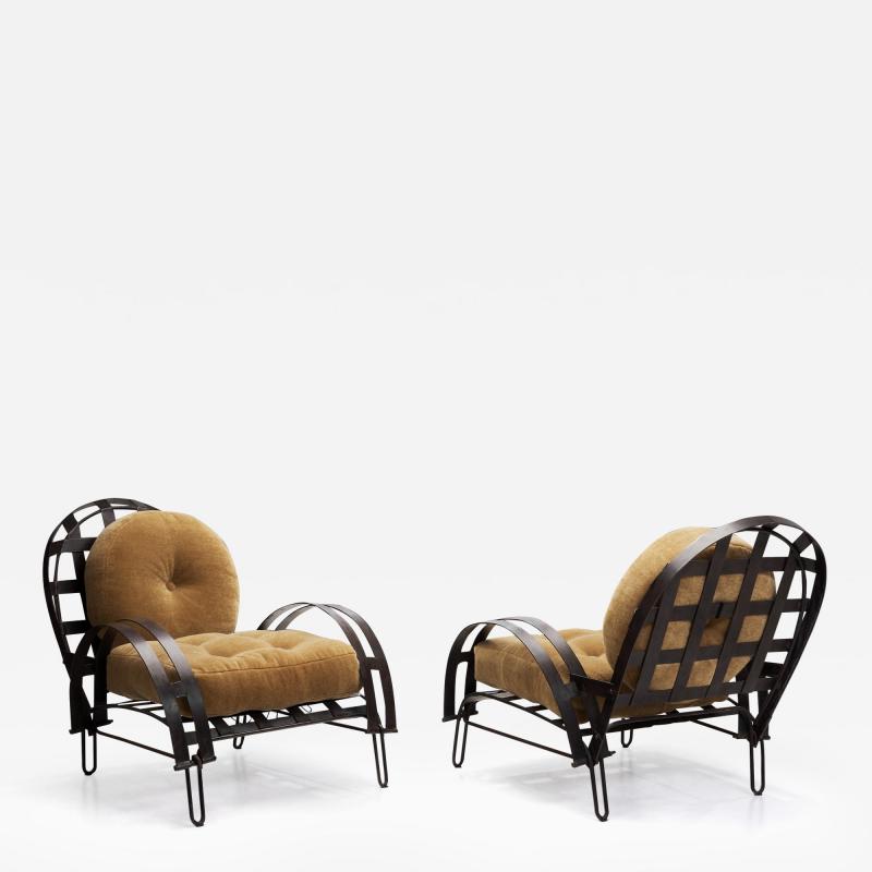 Pair of Metal Lattice Lounge Chairs With Upholstered Pillows France 1960s