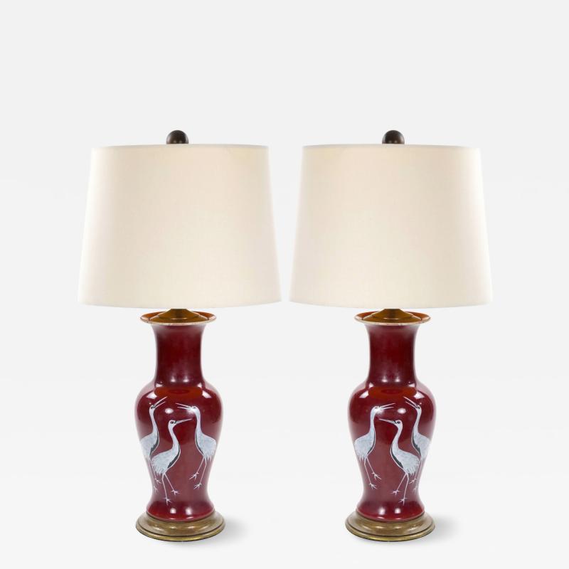 Pair of Mid 20th Century Burgundy Red Ceramic Chinoiserie Heron Table Lamps