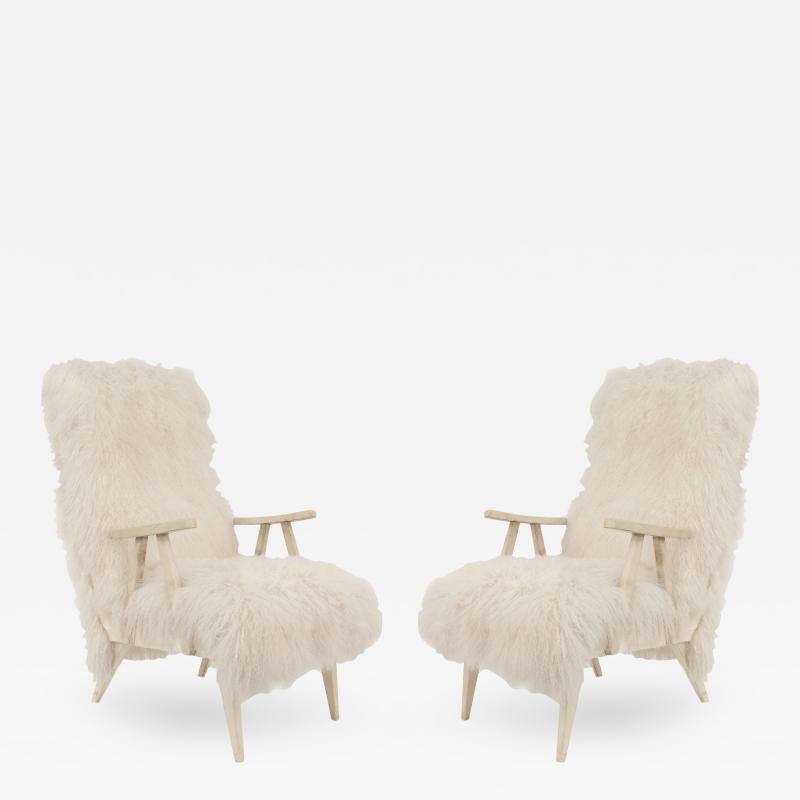 Pair of Mid Century 1950s White Shag Lambs Wool Upholstered High Back Armchairs
