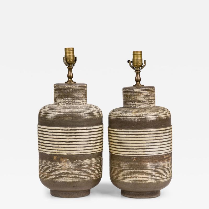 Pair of Mid Century American Ceramic Texture Banded Brown and Beige Table Lamps