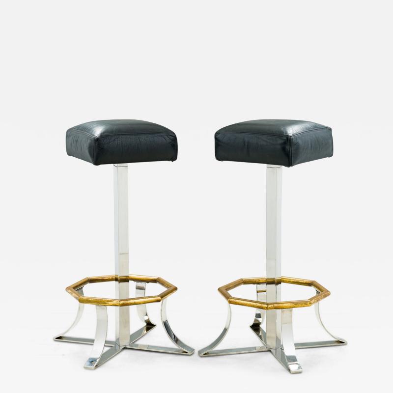Pair of Mid Century American Polished Chrome Brass and Black Leather Barstools