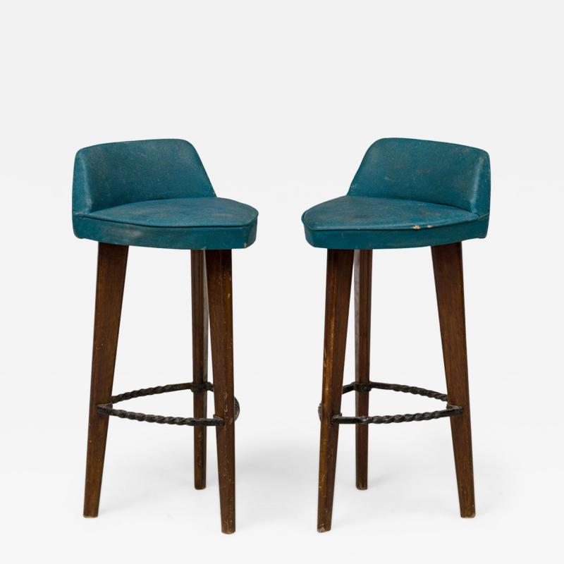 Pair of Mid Century American Triangular Blue Vinyl Upholstered Wood Bar Stools