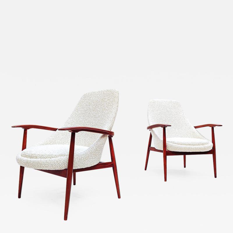 Pair of Mid Century Armchairs in White Boucle