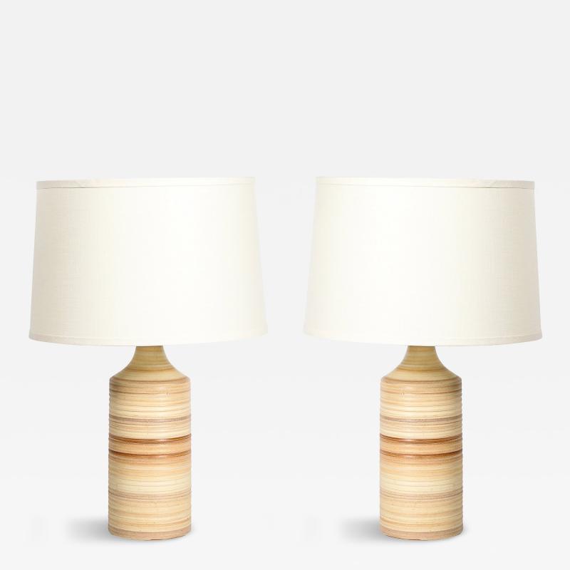 Pair of Mid Century Beige Ceramic Table Lamps w Spun Grooved Detailing