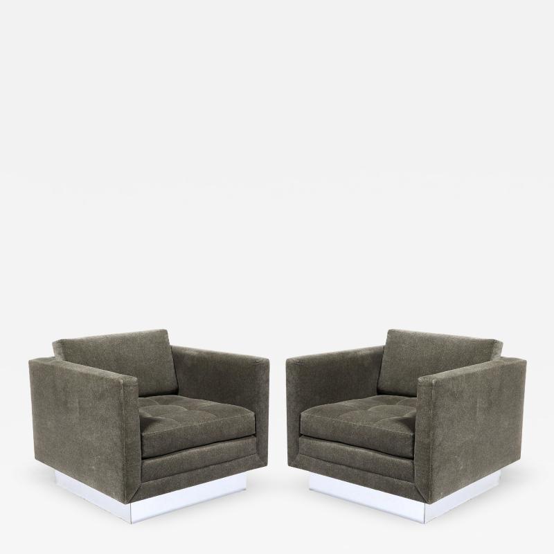 Pair of Mid Century Biscuit Tufted Cube Chairs w Chrome Wrapped Base in Mohair