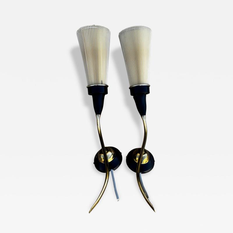 Pair of Mid Century Brass and Wood Danish Sculptural Wall Sconces